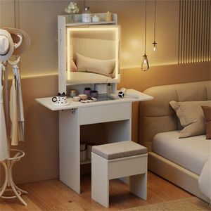 "White Glass <b>Makeup</b> Vanity with LED Lighted <b>Mirror</b> 2 Drop Leaf Extension & Built-in Charging Station" - Product Image 1