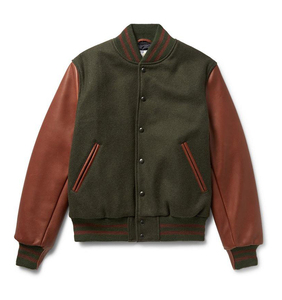 Veste de sport verte pour homme avec manches en cuir marron, col montant, fermeture à boutons, vêtement décontracté pour l'automne - Product Image 4