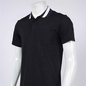 Camisa de Hombre de Manga Corta, Cuello Alto, Tejido a Rayas, Corte Regular, Diseño Casual, Color Negro y Beige, Patrón de Bloques de Color en Contraste - Product Image 4