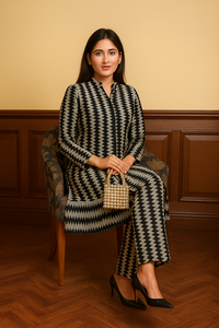 Conjunto occidental moderno para mujer, hermoso vestido en zigzag blanco y negro y pantalones palazzo, ideal para oficina y fiestas. - Product Image 5
