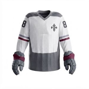 Conjunto de Uniforme de Hockey sobre Hielo para Hombre, Blanco con Gris y Marrón, Impresión por Sublimación, Cuello en V, Manga Larga, 100% Poliéster - Product Image 6