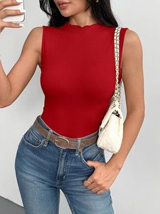 Women's Red Knitted Turtleneck Sleeveless Tank <b>Top</b> Casual Solid Color Regular Length <b>Top</b> - Product Image 2