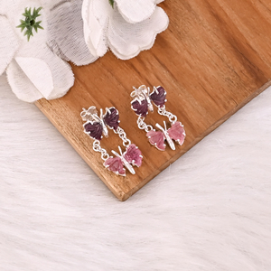 Boucles d'oreilles pendantes en argent massif 925, style bohème, avec pierre précieuse naturelle bio-tourmaline sculptée, sertie à griffes, design personnalisé - Product Image 3