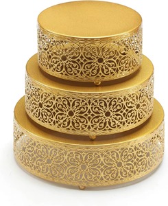 <b>Set</b> Of Three Gold Finished Cutwork Floral Design Edge Cake Stand For Anniversary And Birthday Cake Display Wholesale From India - Product Image 1