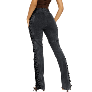 Jeans de Mezclilla Negros de Cintura Alta para Mujer, con Detalle de Encaje Lateral, Corte Ajustado, Pierna Recta, Pantalones Casuales de Moda, Largos, Estilo Urbano, Talla XS - Product Image 2