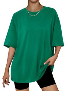 Women's Oversized Crew Neck T-Shirt Solid <b>Green</b> Loose Fit Short Sleeve Jersey Knit Cotton <b>Crop</b> <b>Top</b> Spring Summer - Product Image 4