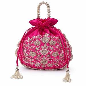 Handmade <b>Green</b> Silk Potli <b>Purse</b> With Gold Floral Embroidery Pearl Handle Wedding Decoration - Product Image 1