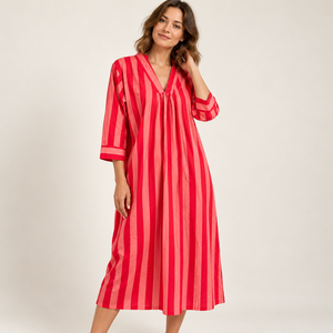 Vestido midi a rayas con cuello en V, manga tres cuartos, corte holgado, informal, de verano, tejido de algodón y fibra de bambú, transpirable, rojo y rosa - Product Image 3