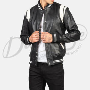 Blouson bomber en cuir véritable noir pour homme avec contraste blanc sur les épaules et poignets côtelés rayés, style classique, vêtement d'extérieur - Product Image 1