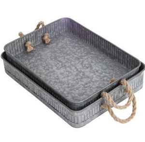 Rectangular Metal Serving Tray With Rope Handles Vintage Design Durable Solid Color For Dining Use - Product Image 1