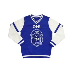 Suéter Personalizado para Hermandades al por Mayor, Zeta Phi Beta, Azul y Blanco, Cuello en V, Tejido de Punto, Ropa de Estilo Griego, Proveedor Mayorista de Fábrica - Product Image 1