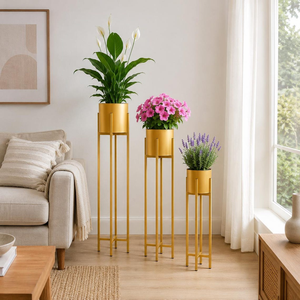 Ensemble de 3 supports à plantes en métal doré avec pots, supports décoratifs modernes pour pots de fleurs de 25, 20 et 15 pouces de hauteur pour le salon - Product Image 4
