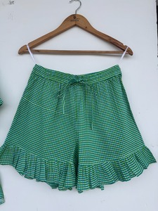 Ensemble 2 pièces pour femme, haut et short en coton à carreaux vichy verts, col carré, volants, coupe ample, style Prairie Chic, printemps-été - Product Image 3