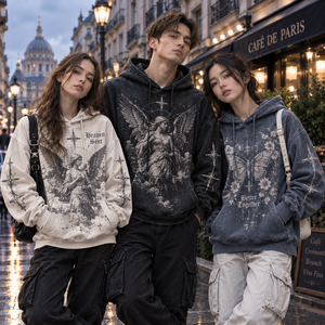 Sweat-shirt à capuche unisexe 100% coton French Terry, coupe ample, imprimé, style décontracté pour l'automne, avec poche et motif ange - Product Image 1