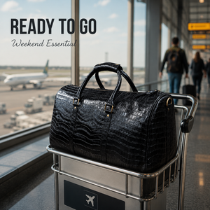 Black Crocodile Embossed Duffle <b>Bag</b> for <b>Men</b> | Luxury Travel Weekender | Large <b>Overnight</b> Carryall with Shoulder Strap, Handles - Product Image 3
