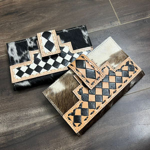 Venta al por mayor Mujeres RFID Protect Gran capacidad Mano Tooled Checkered Leather Long Bifold Luxury Cowhide Purse Ladies Clutch Wallets - Product Image 6