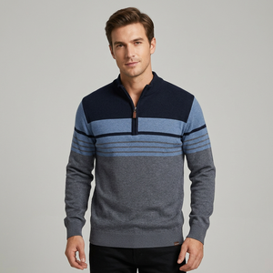 Pull tricoté rayé pour homme avec fermeture éclair 1/4, manches longues, veste d'automne, veste d'extérieur à demi-zip, fabriqué au Bangladesh - Product Image 6
