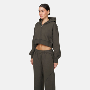 Sudadera Corta con Capucha para Mujer, Cierre de Cremallera, Color Sólido, Manga Larga, Tejida, Informal para Otoño - Product Image 3