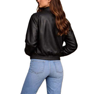 Blouson Bomber Classique Minimaliste en Cuir Véritable pour Femme avec Fermeture Éclair et Tissu Tissé – Manteau Urbain Automne - Product Image 2