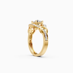 Bague de fiançailles en or jaune avec diamant taille brillant rond, sertissage pavé, halo géométrique, style classique pour femme - Product Image 2