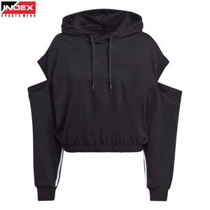 Sudadera con Capucha para Mujer, Manga Larga, Hombros Caídos, Estilo Corto, Tejida, Informal, para Otoño, Color Negro Sólido - Product Image 1