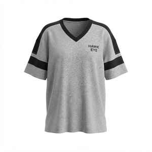 Camiseta de Manga Corta con Cuello en V Gris para Mujer, Marca Hawk Eye, con Franjas Negras, Corte Holgado, Jersey de Algodón, Estampado Casual con Logotipo, Primavera Verano - Product Image 6