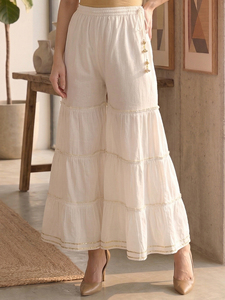 Sharara de Algodón Cambray Blanco, Ropa Étnica Formal, Cómoda para Uso Diario, Moda Tradicional, Estampado Floral de Verano, Ecológica - Product Image 3