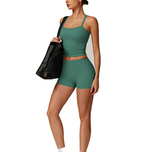 OEM Service Women's 2 Piece <b>Sets</b> Quality Assured Cross Back Tank Top Breathable Relaxed Fit Bra Booty Short <b>Sets</b> Women's <b>Sets</b> - Product Image 3