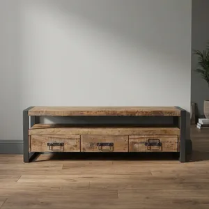 Meuble TV rustique en bois à 3 tiroirs avec cadre en fer noir, console multimédia industrielle pour salon - Product Image 3