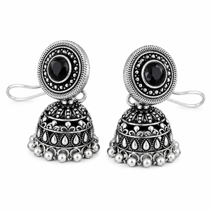 Pendientes Jhumka de Plata Oxidada con Piedra Negra, Hechos a Mano, Estilo Boho Tribal Étnico, Joyería de Moda, Regalo para Mujer - Product Image 5