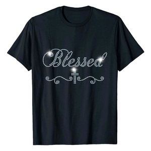 T-shirt Homme Noir à Manches Courtes Col Rond en Coton Jersey Coupe Classique avec Strass et Motif Lettres Personnalisé - Product Image 1