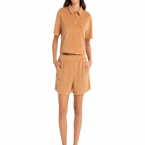 Women Two Piece Set Short Sleeve Polo Shirt And Shorts <b>Neutral</b> Summer Lounge Wear Soft Breathable Lightweight Clean Look - Product Image 1