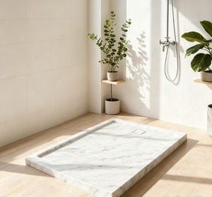 Receveur de douche rectangulaire en marbre avec drain linéaire central, design minimaliste pour installation au sol de la salle de bain - Product Image 1