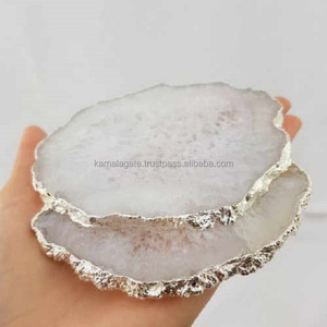 Wholesale Natural Stone Craft <b>Coasters</b> White Agate <b>Silver</b> Electroplated Slices Chakra Style Sier Rim Edge Semi-Precious Stone - Product Image 1