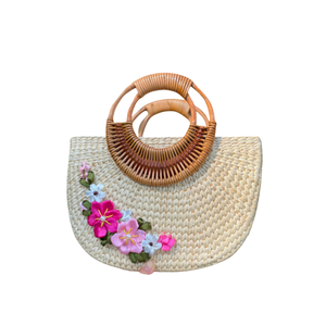 Embroidered Water Hyacinth Beach Handbag & <b>Hat</b> for Summer Beach Handmade Bohemian Style Straw Bag and Embroidered <b>Hat</b> Set Bulk - Product Image 5