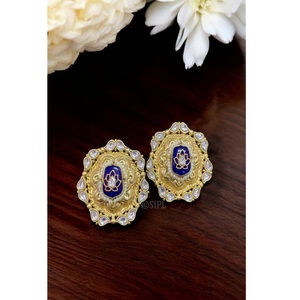Pendientes chapados en oro con diseño de flor de esmalte azul, perla de imitación, estilo vintage para mujer, joyería de boda - Product Image 1