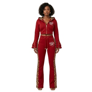 Women's <b>Red</b> Leopard Trim Tracksuit Set Custom Logo Hooded <b>Crop</b> <b>Top</b> Full Length Pants Casual Autumn Wear - Product Image 1