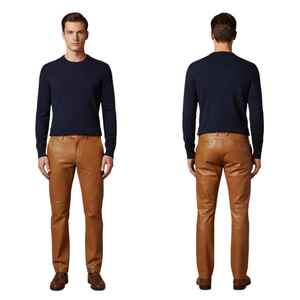 Olive Green PU Coated Straight Fit Casual Trousers Mid Waist Full Length With Pockets For Adults Autumn Wear - Product Image 2