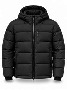 Chaqueta Acolchada con Capucha para Hombre, Negra, Cálida, Cortavientos, Informal, con Cierre Frontal, Relleno de Fibra de Poliéster Gruesa, Corte Regular - Product Image 1
