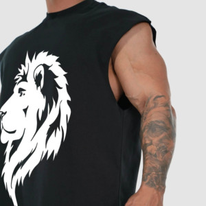 Camiseta sin Mangas Negra para Hombre, con Estampado de León, Cuello Redondo, Informal, Transpirable, 100% Algodón, Diseño de Logotipo Tejido en la Parte Delantera - Product Image 2