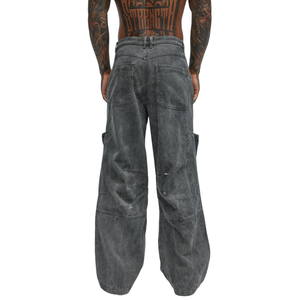 <b>Mens</b> Washed <b>Black</b> Denim <b>Cargo</b> <b>Pants</b> Baggy Fit Multi Pocket Loose Leg Jeans Casual Streetwear Workwear Vintage Fashion Trousers - Product Image 2