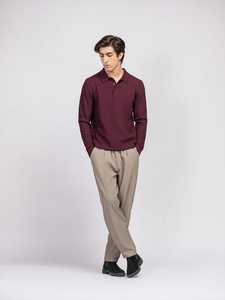 <b>Men's</b> Maroon Knitted <b>Long</b> Sleeve Polo Sweater Solid Color Button Closure Autumn Wear - Product Image 3