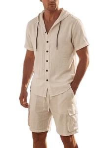 2026 Summer New Mens Cotton Satin Short-Sleeve Shirt Set Solid Color Stand Collar Casual <b>Beach</b> 2pcs Quick Dry Breathable - Product Image 2