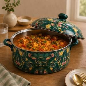 Casserole en émail vert à motifs floraux Marvel Handicrafts avec couvercle, pot de service haut de gamme avec poignées latérales, chauffe-plats pour la cuisine et la salle à manger - Product Image 3