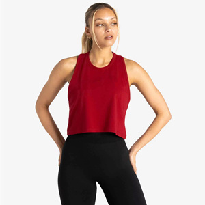 Débardeur rouge à col rond pour femme, couleur unie, tricoté en spandex et polyester, respirant, style sportif, longueur courte - Product Image 3