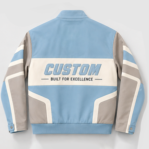 เสื้อแจ็คเก็ตผู้ชายแบบสั่งทำพิเศษ สีบล็อก น้ำเงินอ่อน เทา ครีม คอปกมอเตอร์ไซค์ พิมพ์ลายตัวอักษรแบบวาร์ซิตี้ เสื้อโค้ทมอเตอร์ครอส ขายส่ง - Product Image 2