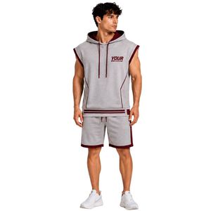 Conjunto Deportivo para Hombre, Gris Claro y Borgoña, Sin Mangas, con Capucha, Logotipo Personalizado, para Gimnasio, Fitness, Entrenamiento, Sudadera con Capucha y Pantalones Cortos, Ropa Deportiva - Product Image 1