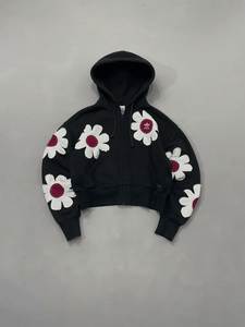 Sweat-shirt à capuche court noir avec applique florale, fermeture éclair sur le devant, unisexe, coupe ample, décontracté, en coton tricoté, pour le printemps - Product Image 1