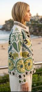 Elegant Vintage Floral Embroidered Mandarin Collar <b>Velvet</b> <b>Jackets</b> <b>Women</b> Spring 100% Cotton Woven Full Sleeve Regular Finished - Product Image 2