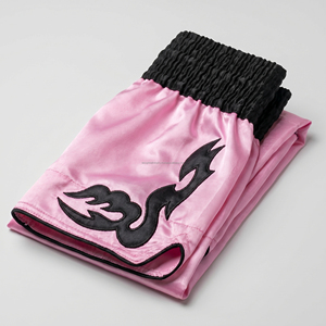 Custom Pink Satin <b>Men</b> Women Muay Thai Shorts Black Applique Patches Kickboxing <b>Trunks</b> Wholesale Custom Logo MMA Fighting Shorts - Product Image 6